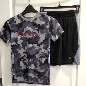 Champion Grey And Black Camo T-Shirt and Black Shorts Set, Size 10/12